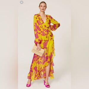 Caroline Constas Floral Yellow and Pink Maxi Dress
